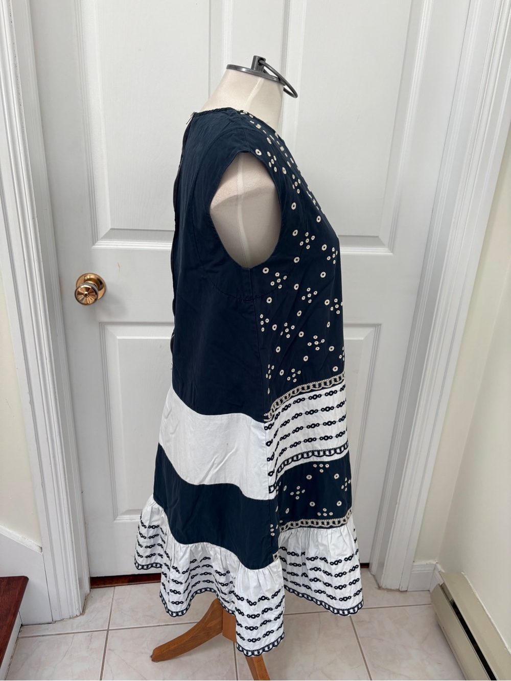 Navy and White Tiered Eyelet Sleeveless Swing Dress - Picture 8 of 9